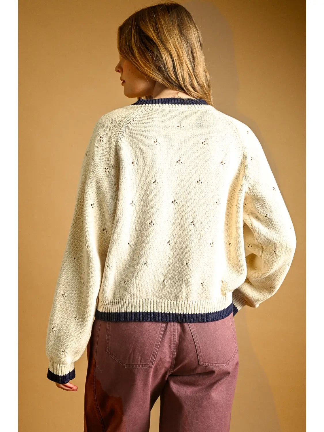 Pointelle Cardigan Ivory/Navy