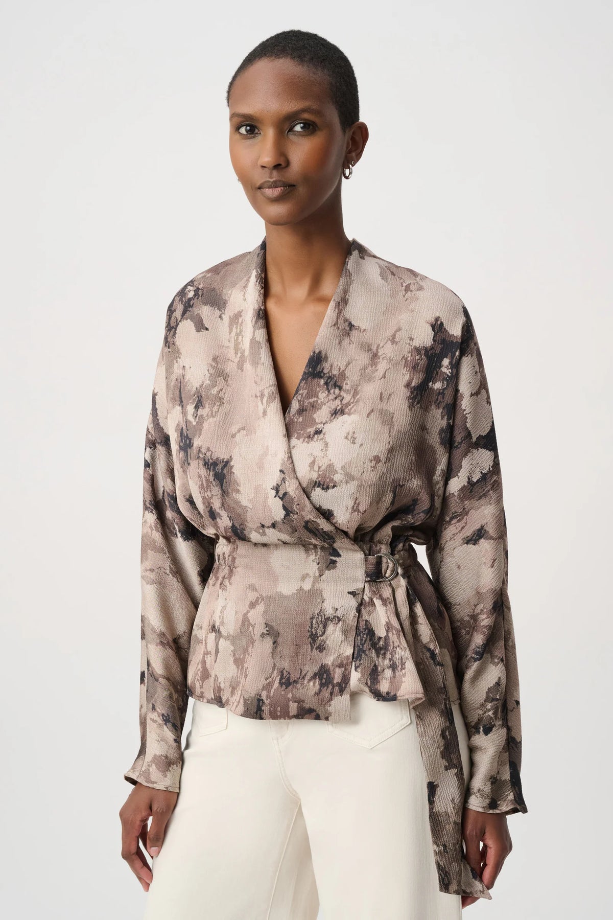 Abstract Print Satin Wrap Top