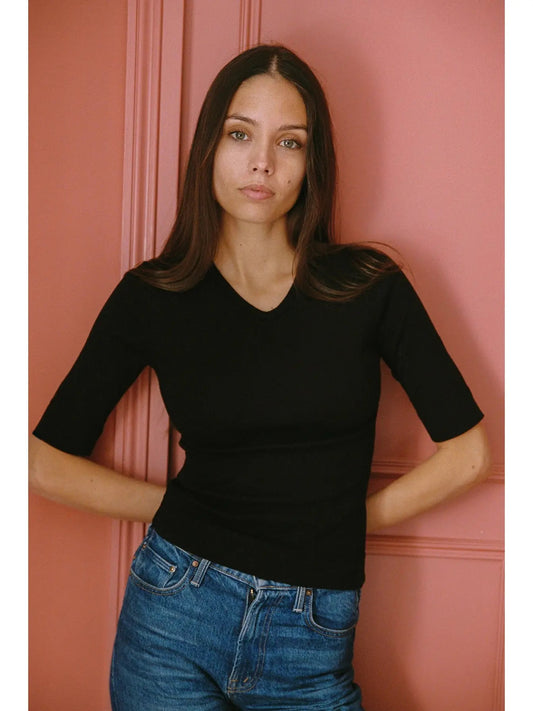 Ribbed Vneck Tee Black