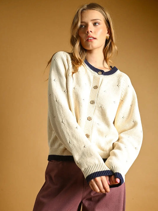 Pointelle Cardigan Ivory/Navy