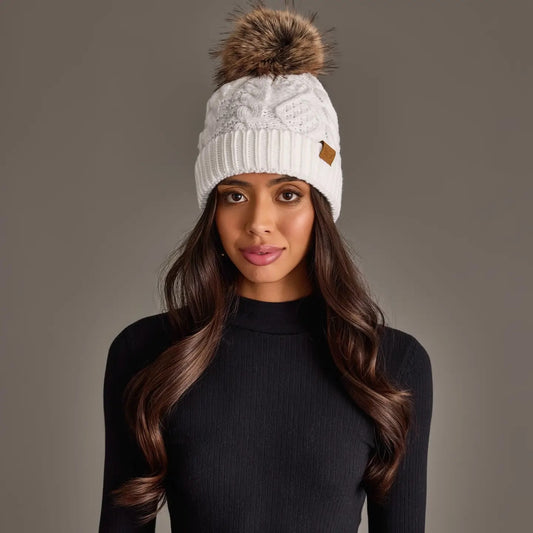 White Cable Pom Hat