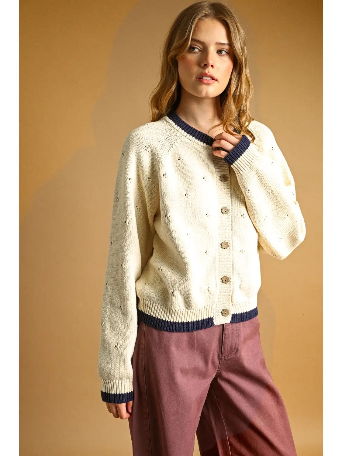Pointelle Cardigan Ivory/Navy