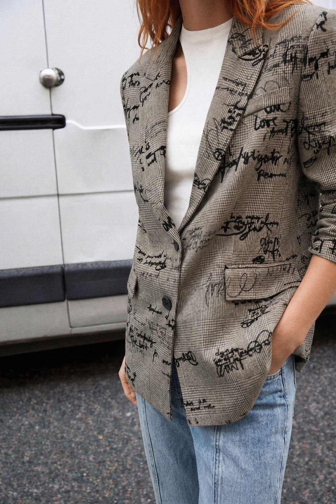 checkered lettering blazer