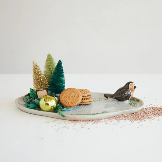 Stoneware Tray with 3D Bird & Bird Tracks